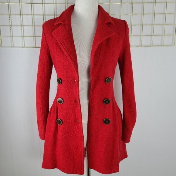 Free People Poppy Red Boiled Wool Blend Boucle Double-Breasted Coat - Picture 1 of 8